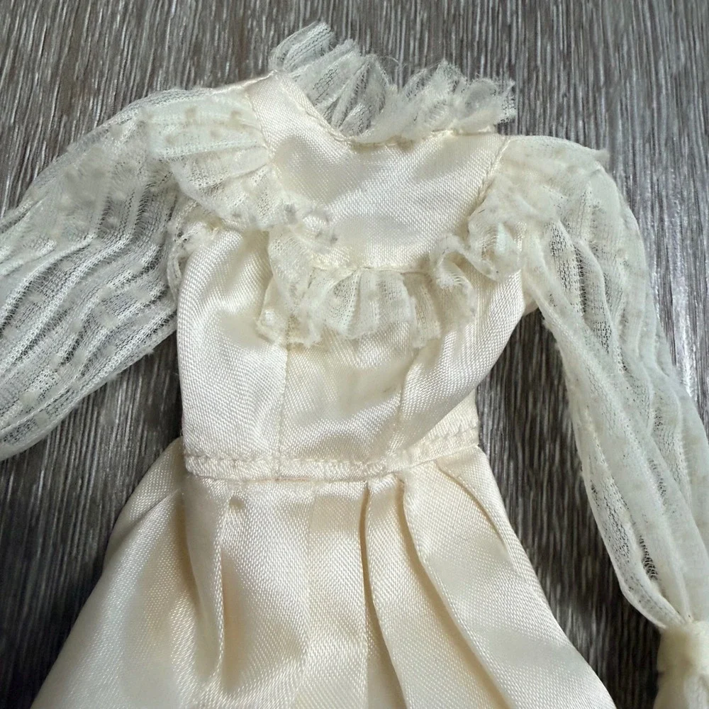 Vintage Cream Satin Doll Wedding Dress Sheer Ruffle Sleeves Long Formal Gown